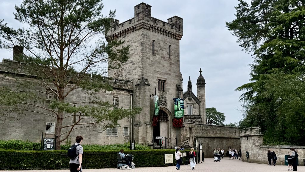 Picture of the Alton Towers building with banners for Hex at the entrance. 