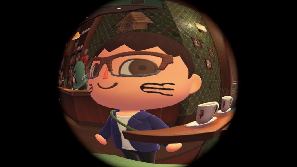 Kai's Animal Crossing character viewed from a fisheye lens